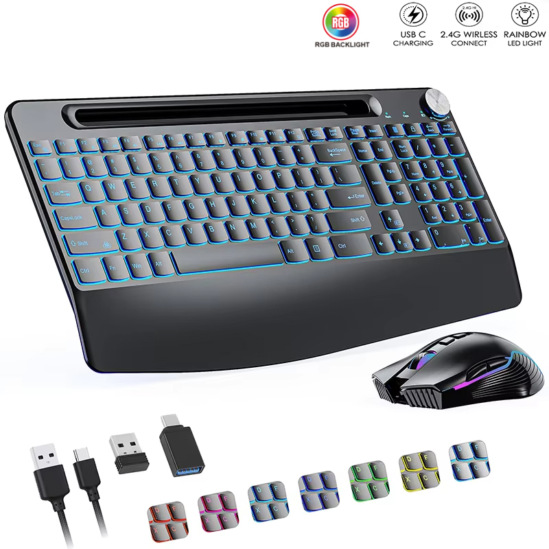 Gaming Keyboard And Mouse Combo - 2.4G และ Type-C คีย์บอร์ดไร้สายเมาส์ Combo พร้อมสายรัดข้อมือ,RGB