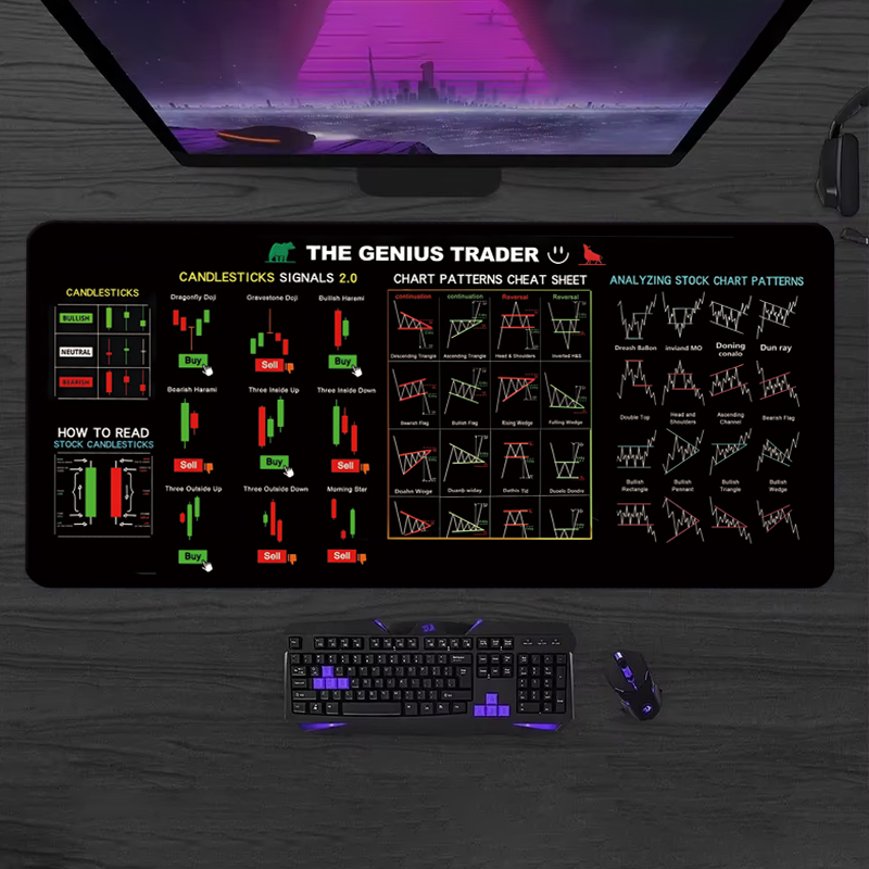 Gaming Keyboard And Mouse Pad - แผ่นรองเมาส์หนังลายเทียนหอมขนาดใหญ่สำหรับนักซื้อขายหุ้น EXCO ลายแผนภูมิกราฟิกสำหรับคีย์บอร์ดและเมาส์ แผ่นรองเมาส์สำหรับนักลงทุนฐานหนัง
