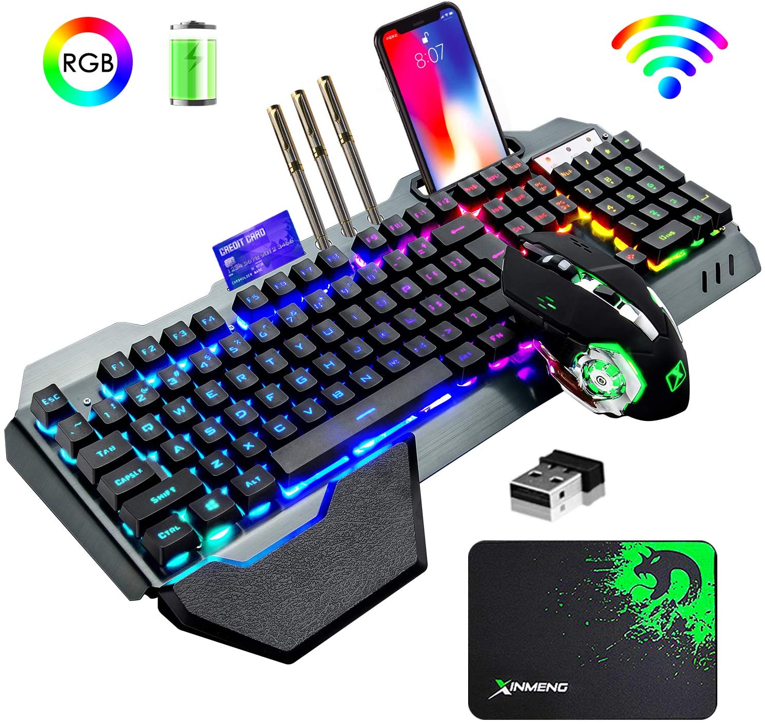 Gaming Keyboard And Mouse Combo - K680 คีย์บอร์ดเกมไร้สายและเมาส์ Combo,Rainbow LED Backlit คีย์บอร์ดแบบชาร์จไฟได้