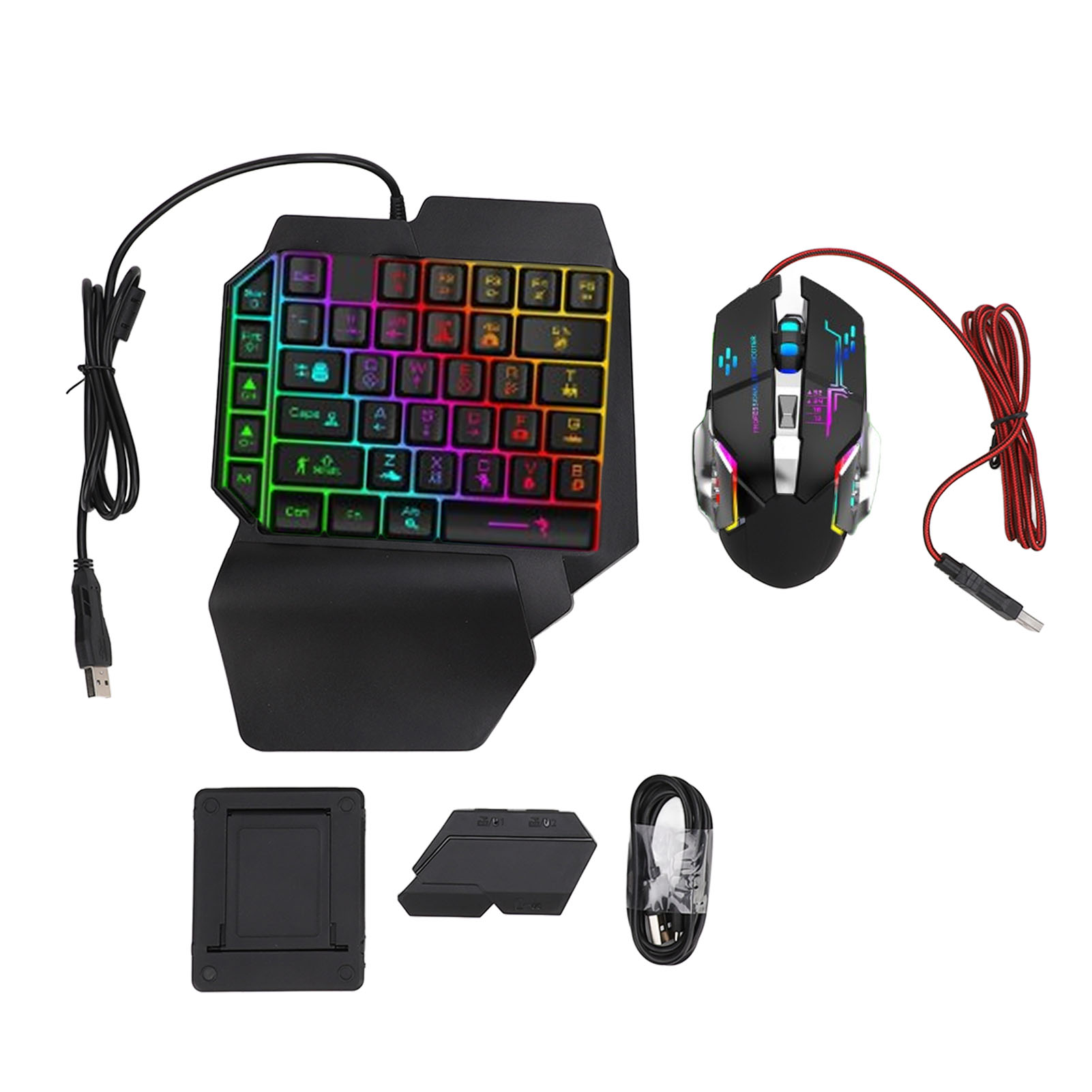 Gaming Keyboard And Mouse Combo - ชุดแปลงเมาส์คีย์บอร์ด ชุดคีย์บอร์ดเมาส์แบบมือเดียวที่ตอบสนองได้รวดเร็ว ชาร์จ 5V 2A พร้อมที่วางโทรศัพท์แบบปรับได้สำหรับเล่นเกม