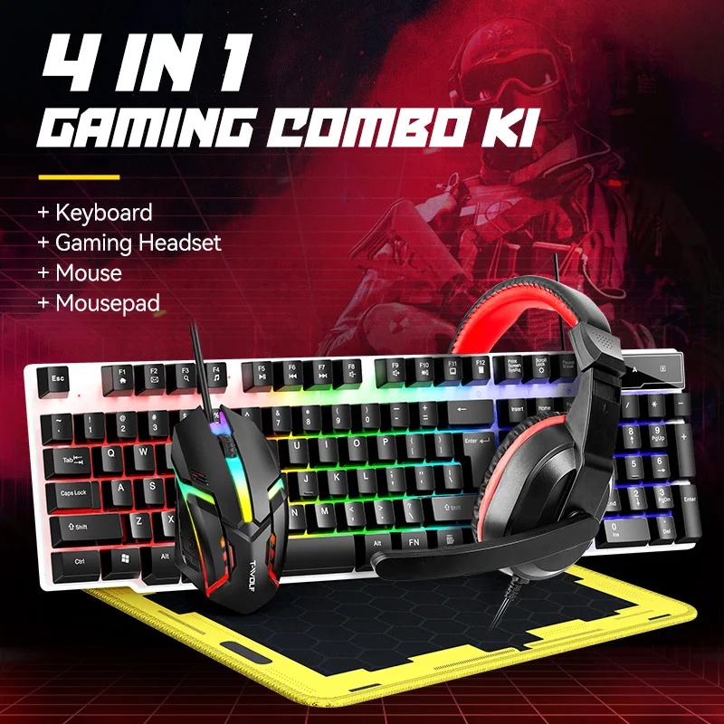 Gaming Keyboard And Mouse Combo - ชุดคีย์บอร์ดและเมาส์ USB ใหม่สำหรับเล่นเกม 4 in 1
