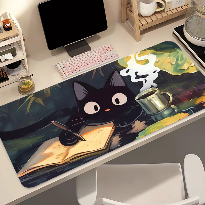 Gaming Keyboard And Mouse Pad - แผ่นรองเมาส์ซิลิโคนลายแมวดำน่ารัก แผ่นรองคีย์บอร์ดขนาดใหญ่ แผ่นรองเมาส์ลายภูมิประเทศสำหรับคีย์บอร์ด พร้อมแผ่นรองกันลื่น
